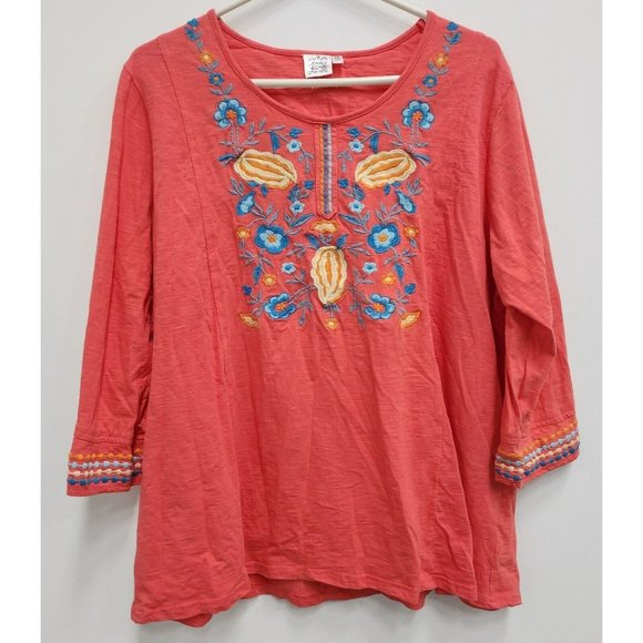 Parsley & Sage Tops Parsley Sage Coral Embroidered 34 Sleeve Boho Tunic Top Plus Size X